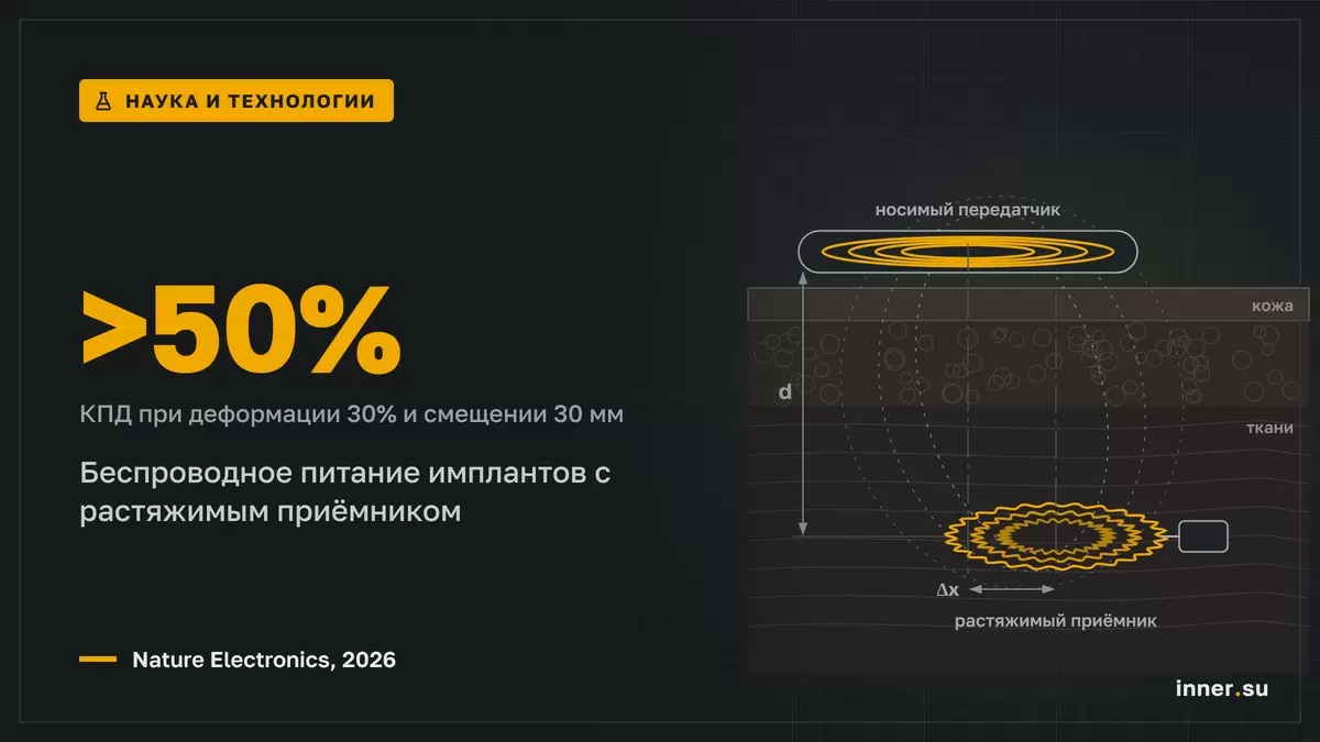 Беспроводное питание имплантов сохранило КПД выше 50% при растяжении и смещении