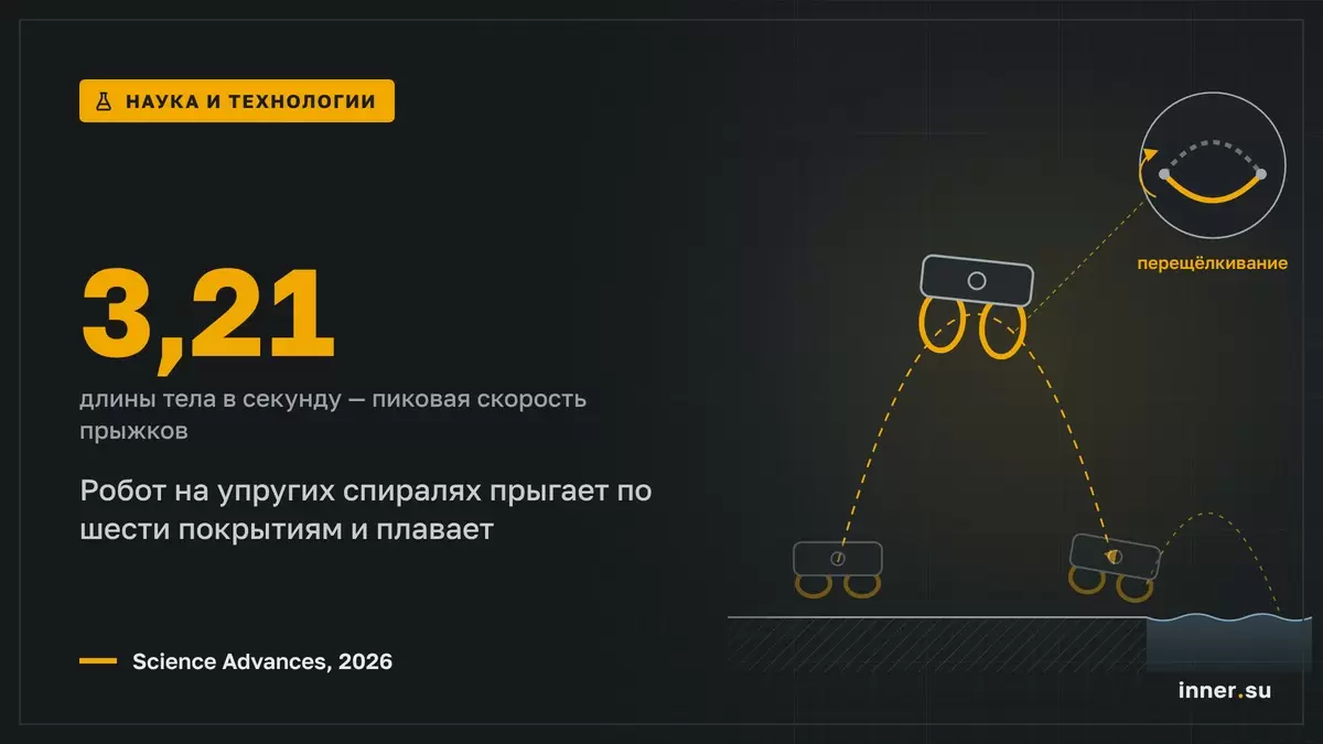 Робот на упругих спиралях прыгает до 3,21 длины тела в секунду и плавает